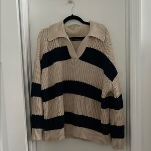 Primark Beige and Black Striped V-Neck Sweater